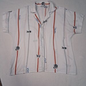 Japanese Men's Casual White and Orange Shirt